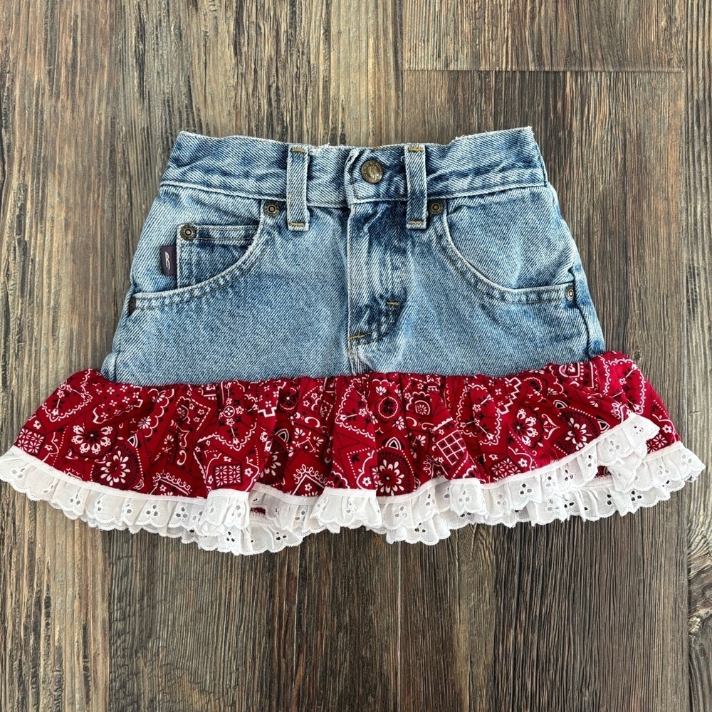 Vtg Riders Blue Jean Skirt Girls NO SIZE TAG Red Bandana Ruffle Hem Distressed